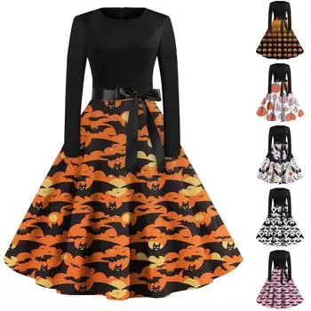 Женский повседневный хеллоуинский принт с круглым вырезом и длинными рукавами с высокой талией XXL имбирный