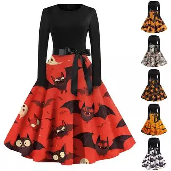 Женский повседневный хеллоуинский принт с круглым вырезом и длинными рукавами с высокой талией XXL имбирный