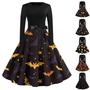 Женский повседневный хеллоуинский принт с круглым вырезом и длинными рукавами с высокой талией XXXXXL бежевый