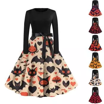 Женский повседневный хеллоуинский принт с круглым вырезом и длинными рукавами с высокой талией L