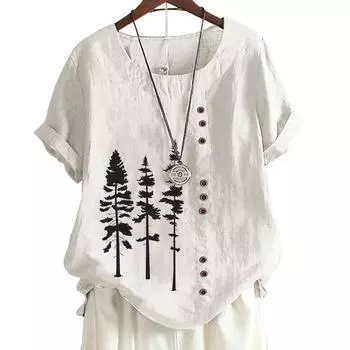 Женский повседневный хлопковый топ с 6 растительными узорами-бабочками, круглым вырезом, короткими рукавами S