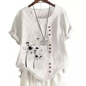 Женский повседневный хлопковый топ с 6 растительными узорами-бабочками, круглым вырезом, короткими рукавами S