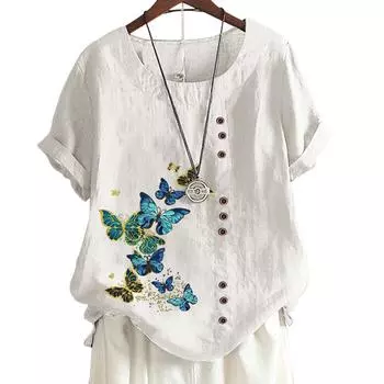 Женский повседневный хлопковый топ с 6 растительными узорами-бабочками, круглым вырезом, короткими рукавами S