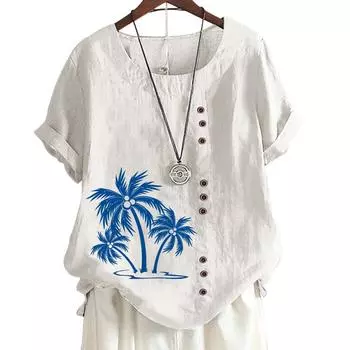 Женский повседневный хлопковый топ с 6 растительными узорами-бабочками, круглым вырезом, короткими рукавами S