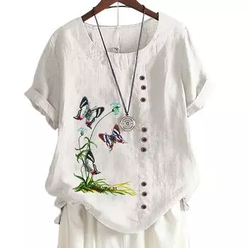 Женский повседневный хлопковый топ с 6 растительными узорами-бабочками, круглым вырезом, короткими рукавами S
