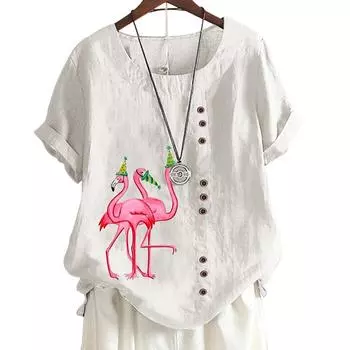 Женский повседневный хлопковый топ с 6 рисунками фламинго, круглым вырезом, короткими рукавами S