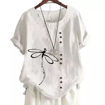 Женский повседневный хлопковый топ с 7 уникальными принтами, круглым вырезом, короткими рукавами и пуговицами S