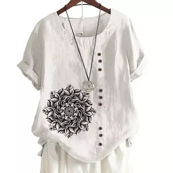 Женский повседневный хлопковый топ с 7 уникальными принтами, круглым вырезом, короткими рукавами и пуговицами S