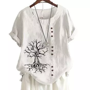 Женский повседневный хлопковый топ с 7 уникальными принтами, круглым вырезом, короткими рукавами и пуговицами S