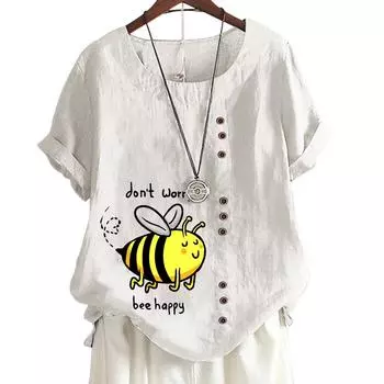 Женский повседневный хлопковый топ с 7 уникальными принтами, круглым вырезом, короткими рукавами и пуговицами S