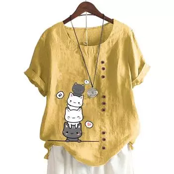 Женский повседневный хлопковый топ с короткими рукавами, 11 яркими цветочными принтами и круглым вырезом S кофейный