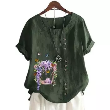 Женский повседневный хлопковый топ с короткими рукавами, 11 яркими цветочными принтами и круглым вырезом S белый