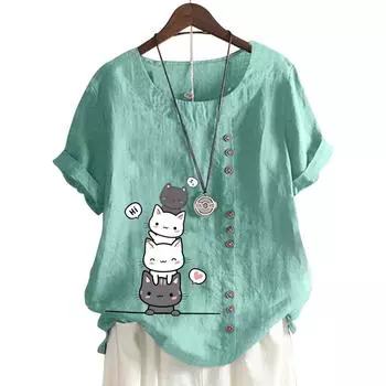 Женский повседневный хлопковый топ с короткими рукавами, 11 яркими цветочными принтами и круглым вырезом S кофейный