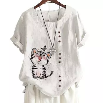 Женский повседневный хлопковый топ с милым цветочным принтом, 6 узорами, круглым вырезом, короткими рукавами S