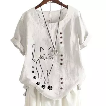 Женский повседневный хлопковый топ с милым цветочным принтом, 6 узорами, круглым вырезом, короткими рукавами S