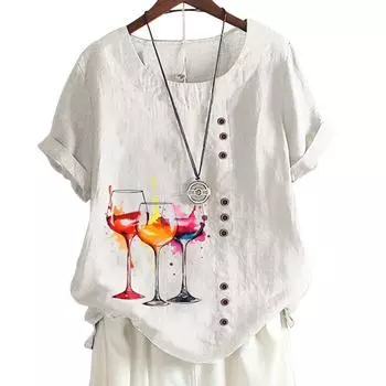 Женский повседневный хлопковый топ с милым цветочным принтом, 6 узорами, круглым вырезом, короткими рукавами S