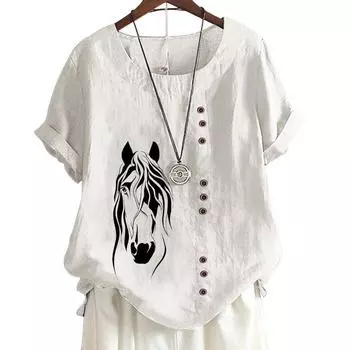 Женский повседневный хлопковый топ с милым цветочным принтом, 6 узорами, круглым вырезом, короткими рукавами S