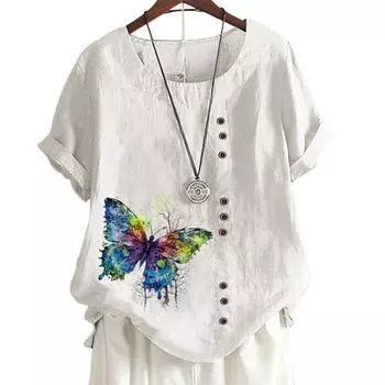 Женский повседневный хлопковый топ с милым цветочным принтом, 6 узорами, круглым вырезом, короткими рукавами S