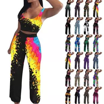 Женский повседневный и модный комплект из двух предметов: жилет без рукавов и брюки с принтом L чёрный