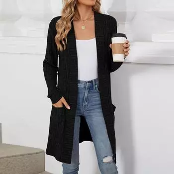 Женский повседневный и модный однотонный кардиган с длинным рукавом и карманами M чёрный