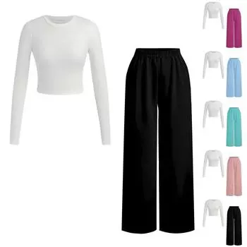 Женский повседневный и модный однотонный комплект из двух предметов: топ и брюки L чёрный