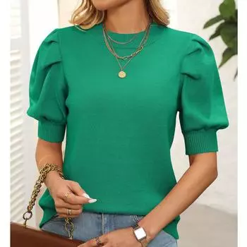 Женский повседневный и модный однотонный свитер с круглым вырезом и короткими рукавами L армия зеленый