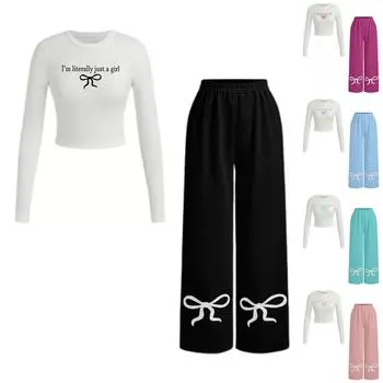 Женский повседневный и модный однотонный топ с принтом и брюки из двух предметов L чёрный