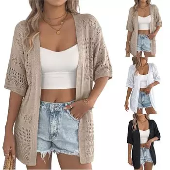 Женский повседневный и модный однотонный вязаный кардиган с вырезом и средним рукавом L чёрный