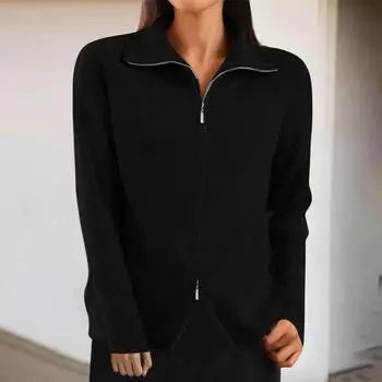 Женский повседневный и модный однотонный вязаный свитер с длинными рукавами, воротником и двойными молниями L чёрный