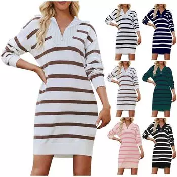 Женский повседневный и модный свитер с длинными рукавами и V-образным вырезом, а также полосатое свободное трикотажное платье L чёрный