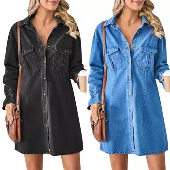 Женский повседневный и модный свободный джинсовый топ с карманами и длинными рукавами