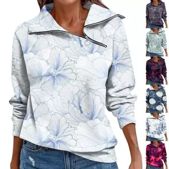 Женский повседневный и модный топ на молнии с цветочным принтом и длинными рукавами L