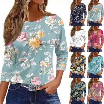 Женский повседневный и модный топ с круглым вырезом и цветочным принтом, рукавами семь четвертей и свободным кроем XXXL
