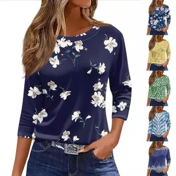 Женский повседневный и модный топ с круглым вырезом и цветочным принтом, рукавами семь четвертей и свободным кроем XXXL