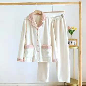 Женский повседневный и удобный комплект домашней одежды с круглым вырезом, теплый и плюшевый кардиган, пижама и брюки L