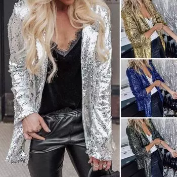 Женский повседневный кардиган с блестками, однотонный костюм с рукавами и открытыми передними лацканами, длинное пальто блестящего цвета, свободные M вино красного