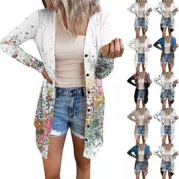 Женский повседневный кардиган с цветочным принтом, топ с длинными рукавами и карманами