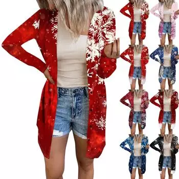 Женский повседневный кардиган с длинным рукавом и рождественским принтом с карманами M чёрный