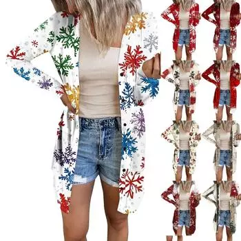 Женский повседневный кардиган с длинным рукавом и рождественским принтом с карманами L