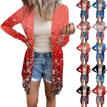 Женский повседневный кардиган с длинным рукавом и рождественским принтом с карманами XXXL