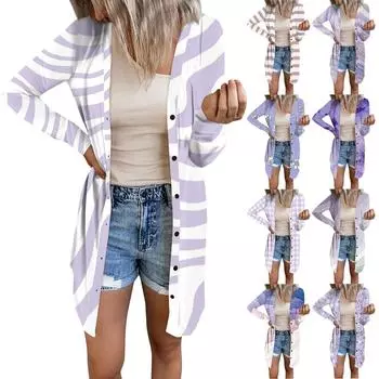 Женский повседневный кардиган с длинным рукавом и цветочным принтом с карманом L синий