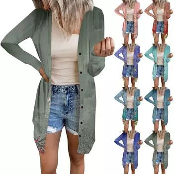 Женский повседневный кардиган с длинным рукавом и цветочным принтом с карманом L фиолетовый