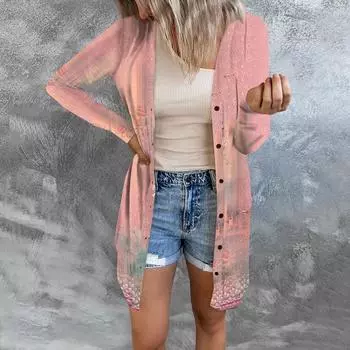 Женский повседневный кардиган с длинным рукавом и цветочным принтом с карманом XXXXL розовый