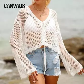 Женский повседневный кардиган с длинным рукавом на шнуровке и ажурной тесьмой для защиты от солнца на пляже One Size чёрный