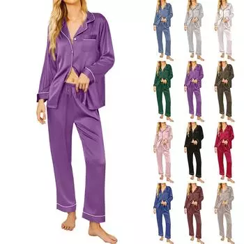 Женский повседневный кардиган с длинным рукавом, пижамный комплект, домашняя одежда из шелка, комплект из двух предметов L чёрный