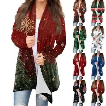 Женский повседневный кардиган с длинными рукавами и рождественским принтом без верхнего пальто S