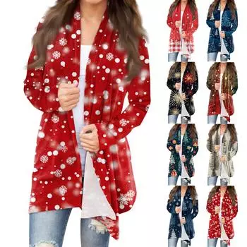 Женский повседневный кардиган с длинными рукавами и рождественским принтом без верхнего пальто XXL