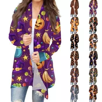 Женский повседневный кардиган с длинными рукавами и принтом на Хэллоуин без карманов L синий