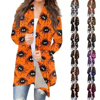 Женский повседневный кардиган с длинными рукавами и принтом на Хэллоуин без карманов S синий