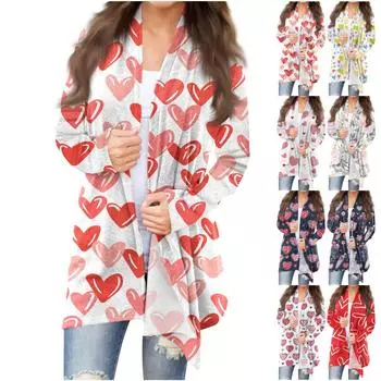 Женский повседневный кардиган с длинными рукавами и принтом ко Дню святого Валентина без карманов, верхнее пальто L